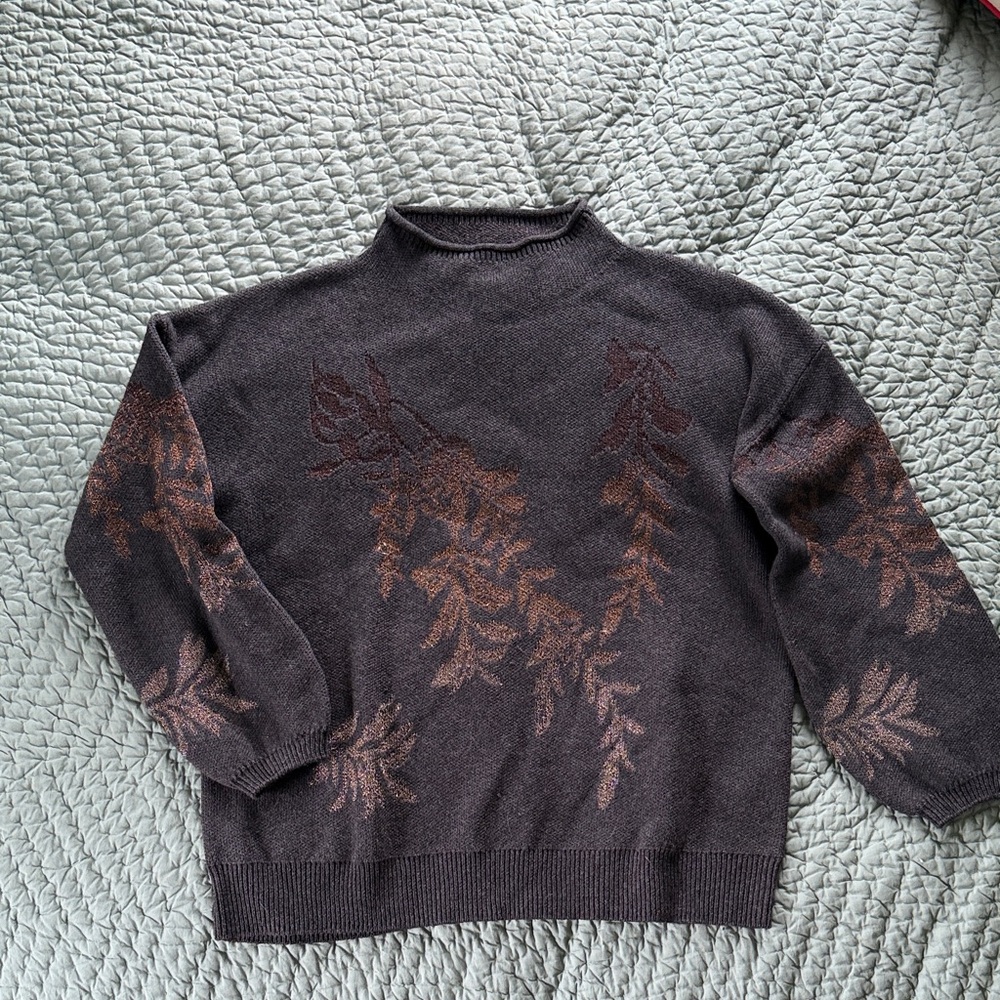 Garnet Hill Dark Brown Floral Mock Neck Sweater